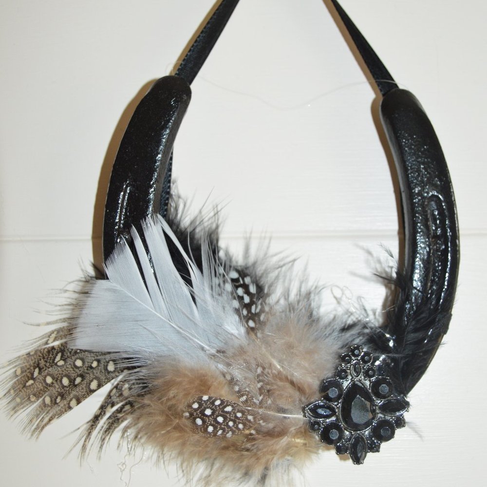 Gothic Black Gloss Lucky Horseshoe Boho Feathers